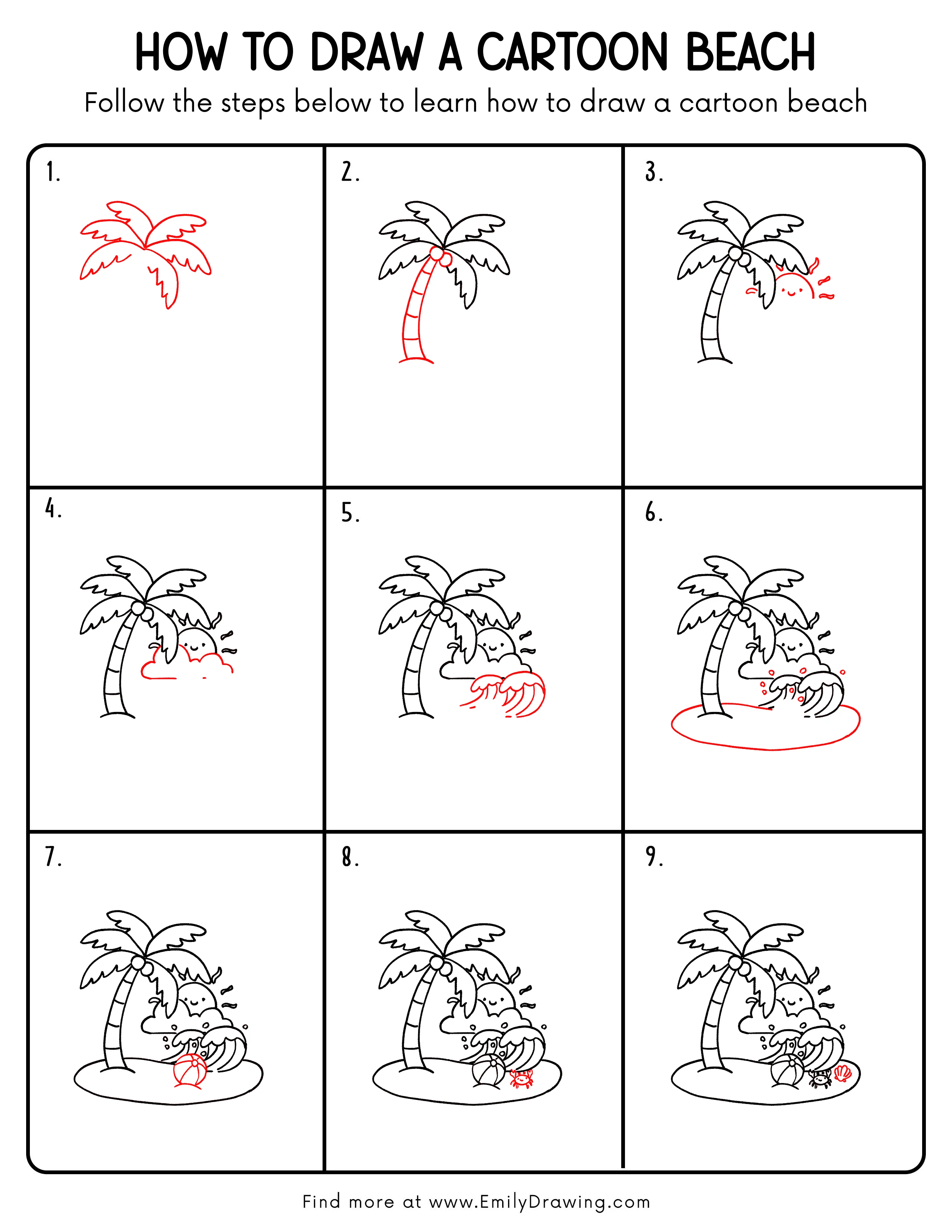 Printable Cartoon Beach Drawing Guide